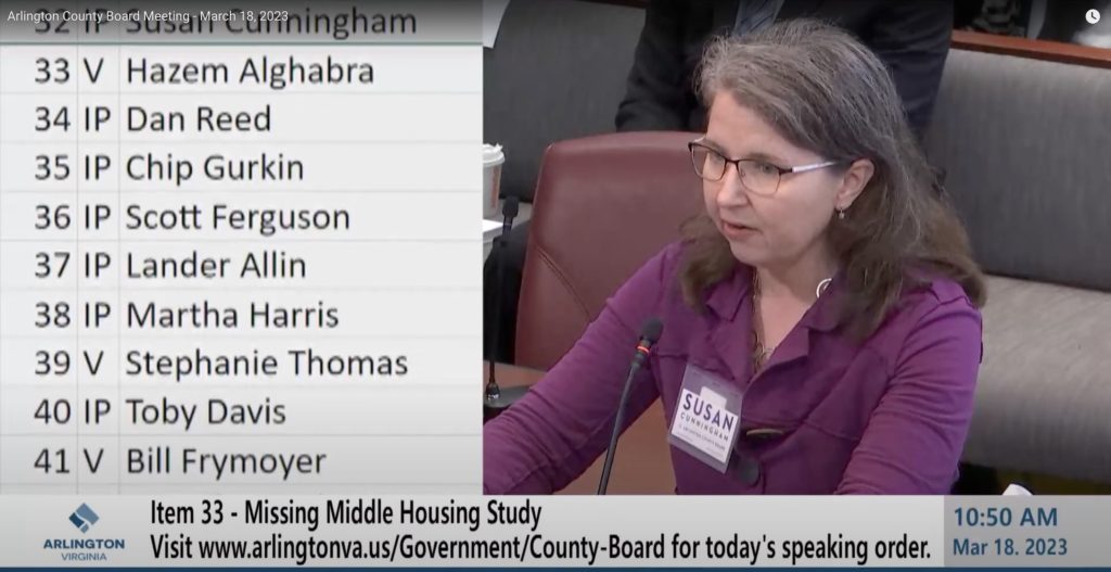 Susan Cunningham addresses "Missing Middle" before Arlington County Board on March 18.